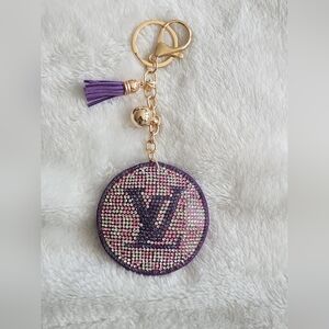 Purple and Silver Rhinestone Designer Inspired Logo Keychain with Tassel